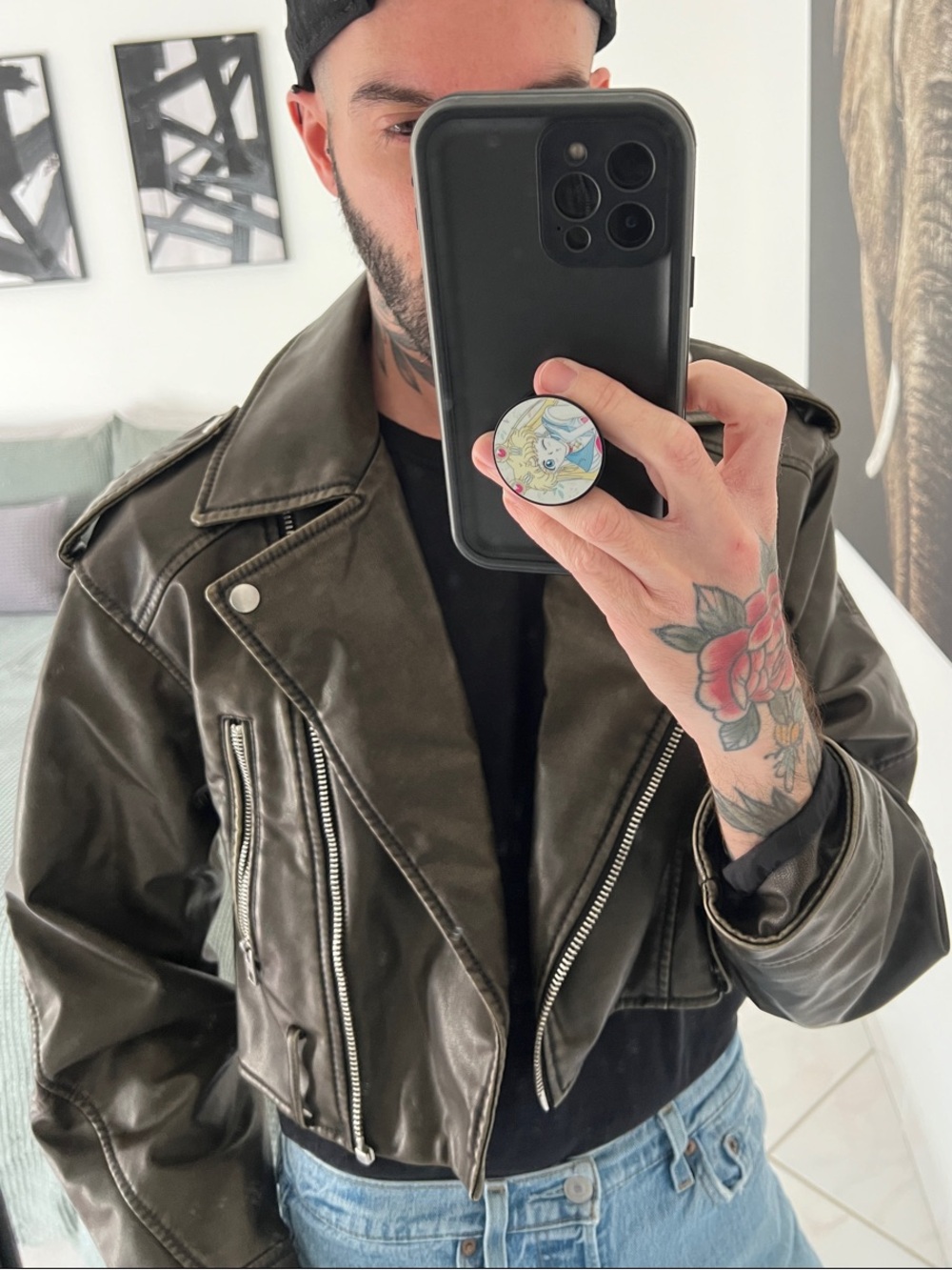 Zara Faded Brown Faux Leather Biker Jacket with Silver Hardware